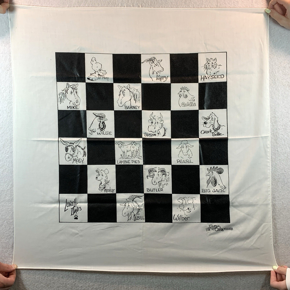 Vintage Lowell Davis Rural Art Checkerboard Farm Animals Bandana Folk‎ Nostalgic